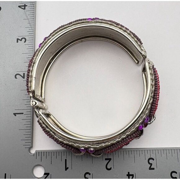 Vintage Hinged Bangle Bracelet Silver Tone With Purple Red Beads Ornate Design - Picture 4 of 8